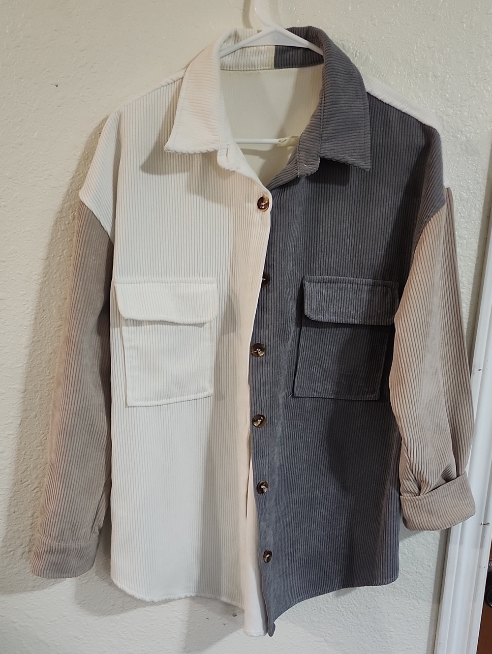 Colorblock Corduroy Shirt Jacket - Cream & Gray